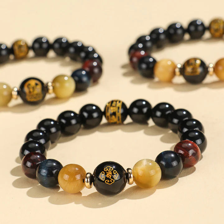 Bodhi Stones Black Onyx Tiger Eye Om Mani Padme Hum Chinese Zodiac Natal Buddha Support Bracelet