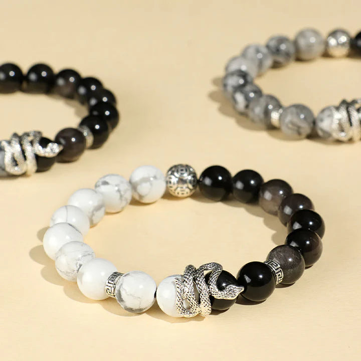 Bodhi Stones Natural Silver Sheen Obsidian White Turquoise Grey Jasper Snowflake Obsidian Year Of The Snake Protection Bracelet