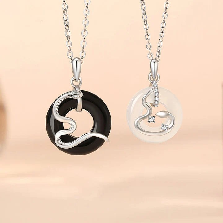 Bodhi Stones  925 Sterling Silver Black Onyx Chalcedony Peace Buckle Year Of The Snake Luck Necklace Pendant