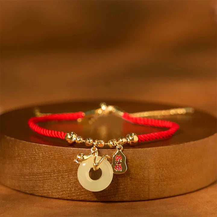 Bodhi Stones Copper Plated Gold Jade Peace Buckle Fu Character Year Of The Snake Red String Luck Bracelet