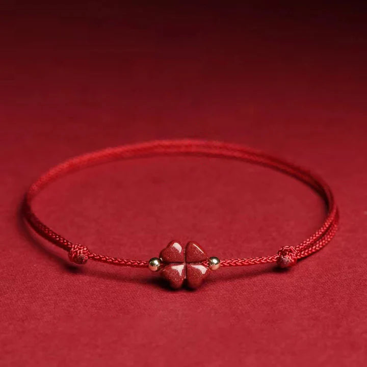 Bodhi Stones Natural Cinnabar Four Leaf Clover Blessing Red String Bracelet Anklet