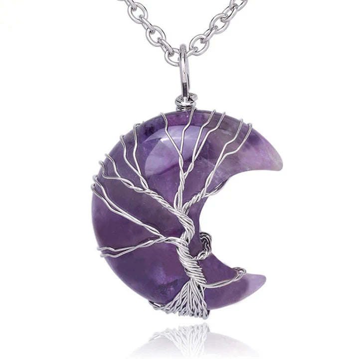 Bodhi Stones Natural Quartz Crystal Moon Tree Of Life Healing Energy Necklace Pendant