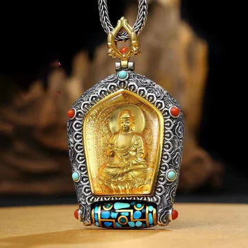 Bodhi Stones Tibet Chinese Zodiac Natal Buddha Thangka Prosperity Rotatable Dzi Bead Necklace Pendant