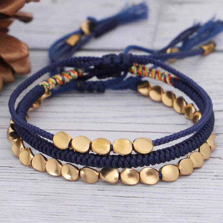 Bodhi Stones 3 PCS Tibetan Copper Beads Healing Protection Luck Bracelet Set