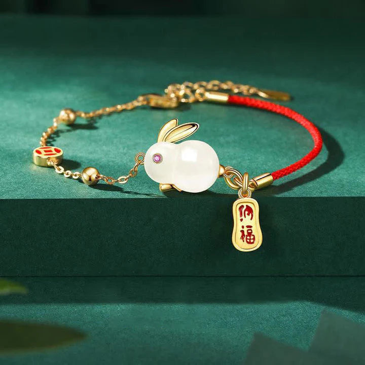 Bodhi Stones Year of the Rabbit White Jade Happiness Red String Chain Bracelet