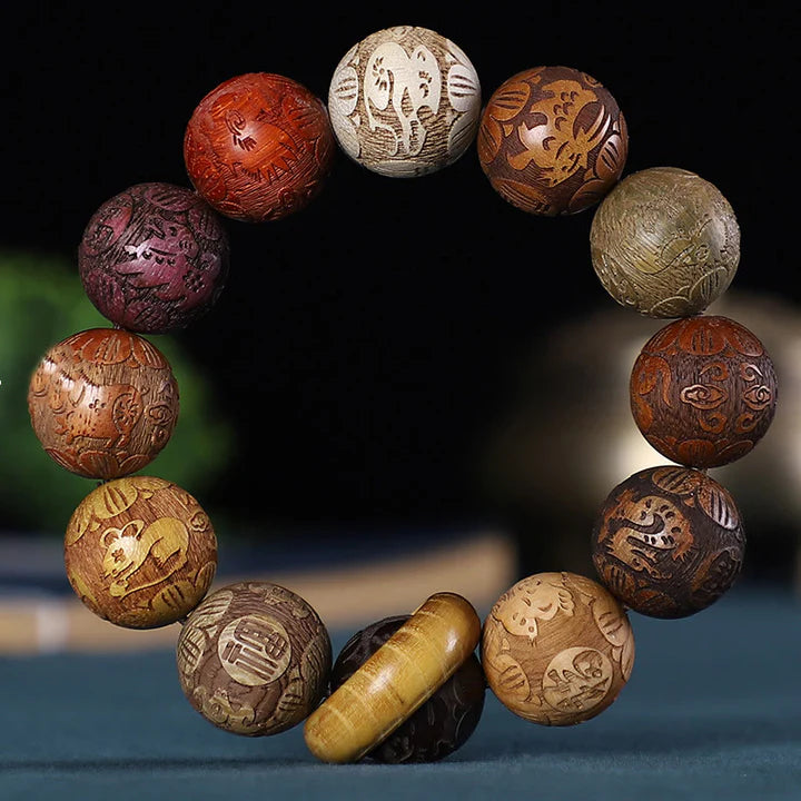 Bodhi Stones Chinese Zodiac Rosewood Green Sandalwood Ebony Wood Copper Coin Carved Calm Bracelet
