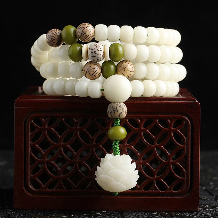 Bodhi Stones White Jade Bodhi Lotus Mala Harmony Necklace Bracelet