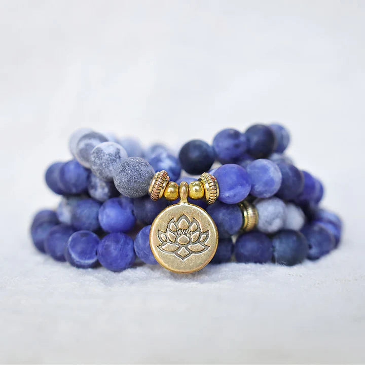 Bodhi Stones 108 Natural Picasso Jasper & Blue Stone Mala Bead Lotus Pendant Bracelet